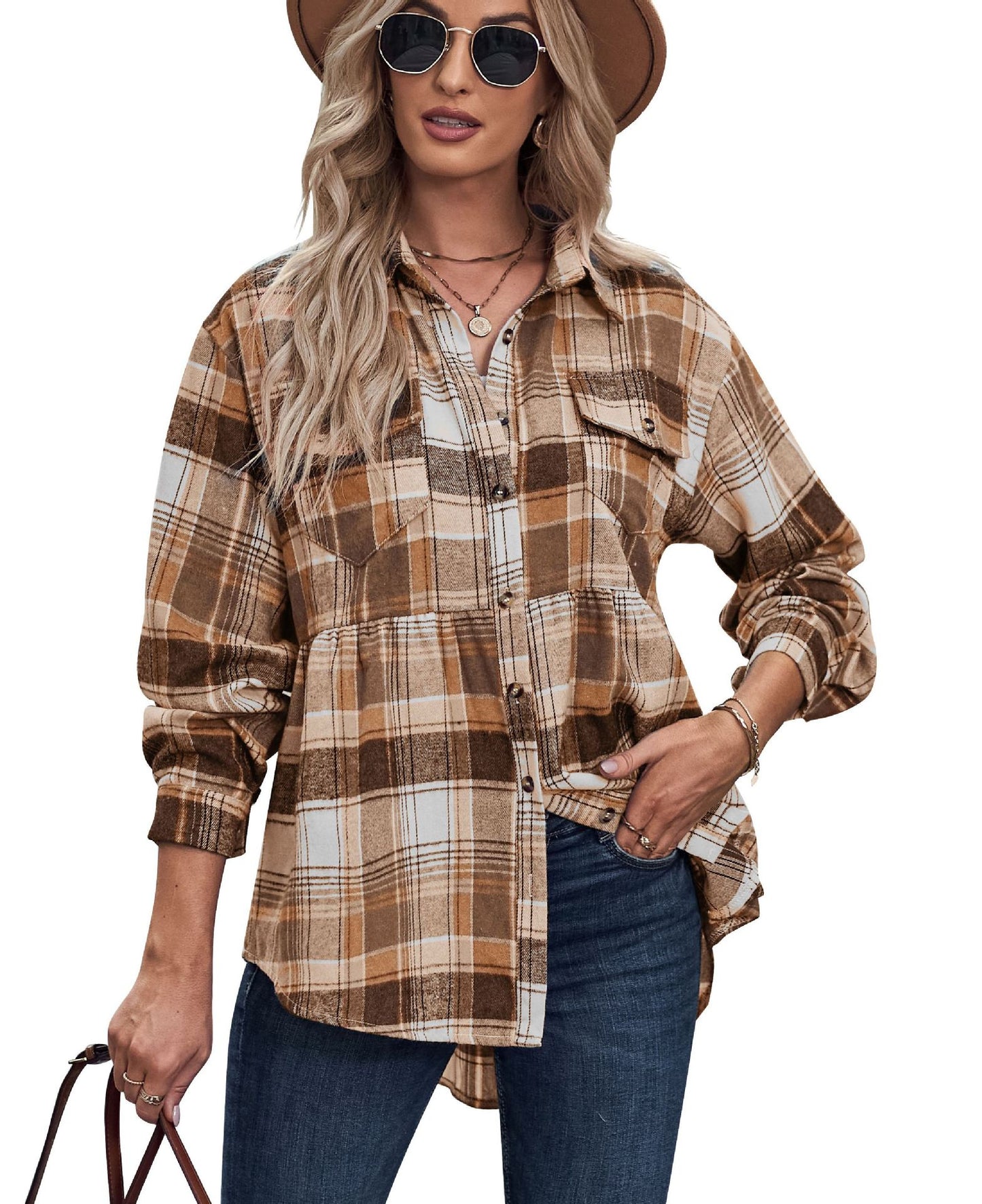 Ladies Lapel Collar Long Sleeve Pocket Plaid Button Up Blouse