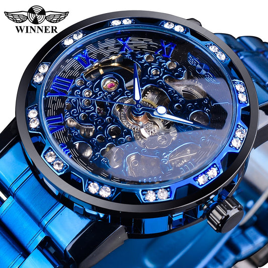 Classic Rhinestone Roman Numeral Analog 40mm Skeleton Mechanical Stainless Steel Luminous Watch for Men (4 colors)