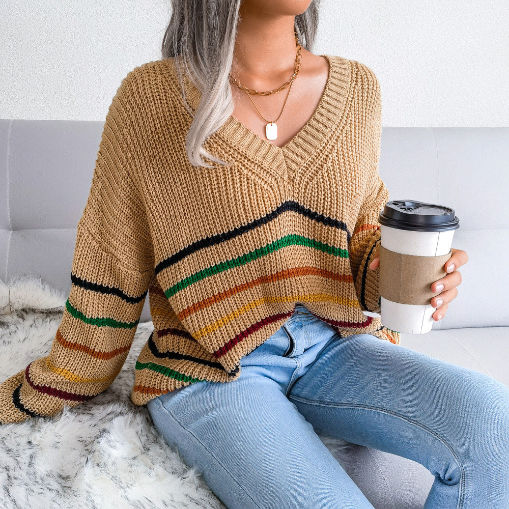 Striped Loose V-neck Knit Lady Sweater