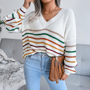 Striped Loose V-neck Knit Lady Sweater