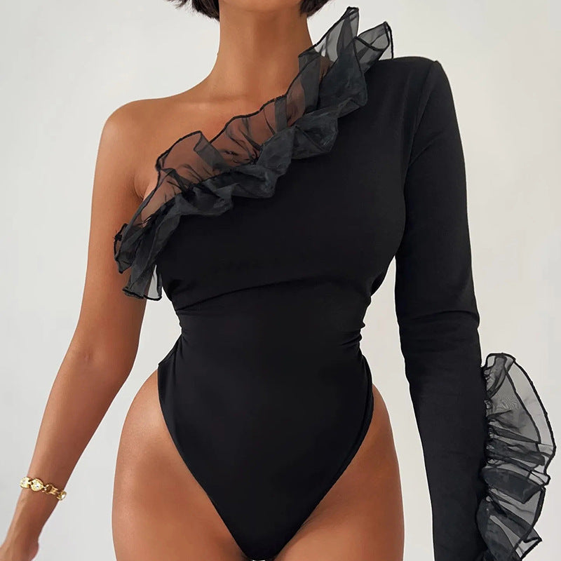 Mesh Fringe One Shoulder Sleeve Slim Bodycon Bodysuit