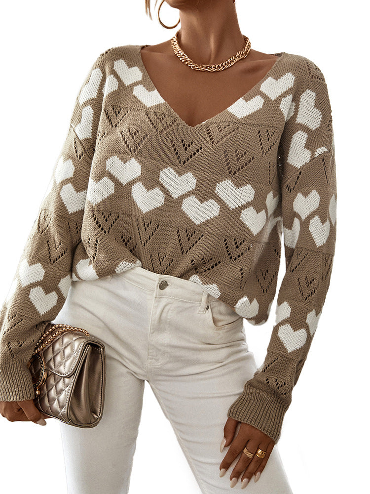 V-Neck Love Pattern Fashion Sweater