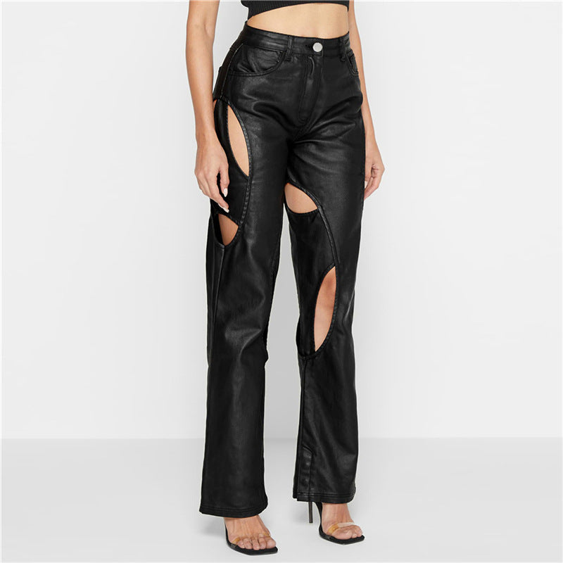 High Waist Straight Hollow Faux Leather Pants