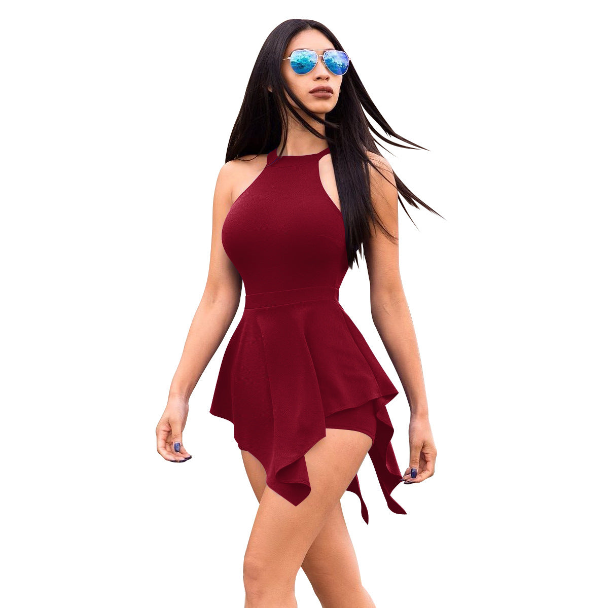 Iregular Hem Bodycon Round Neck Sleeveless Open Back Romper