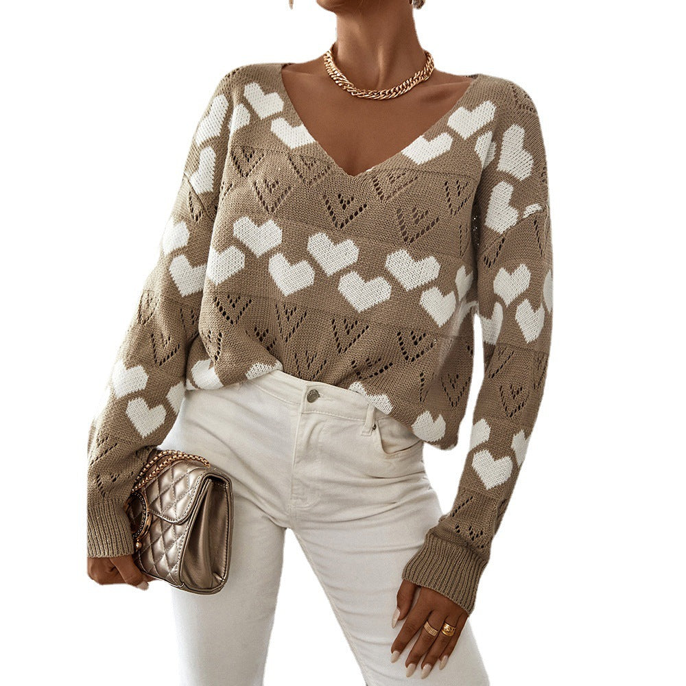 V-Neck Love Pattern Fashion Sweater