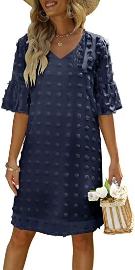 V-Neck Chiffon Swiss Dot Short Sleeve Dress