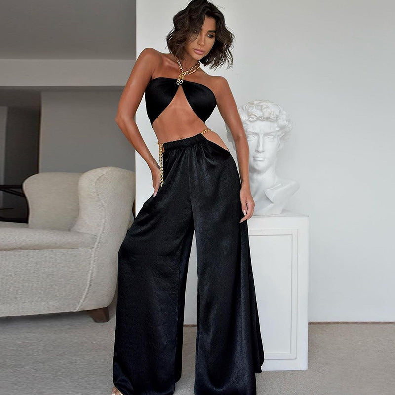 Satin Two Piece Chain Halter Vest Wide Leg Pants Set (Black/Blue)