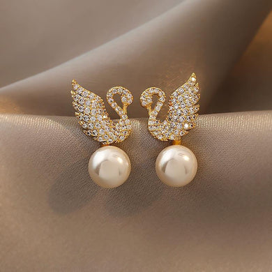 S925 Silver Needle Zircon Inlay Bric Swan Pearl Stud Earrings