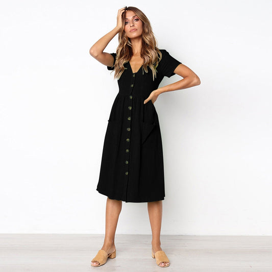 Solid V-neck Button Bohemian Casual Cotton Midi Dress