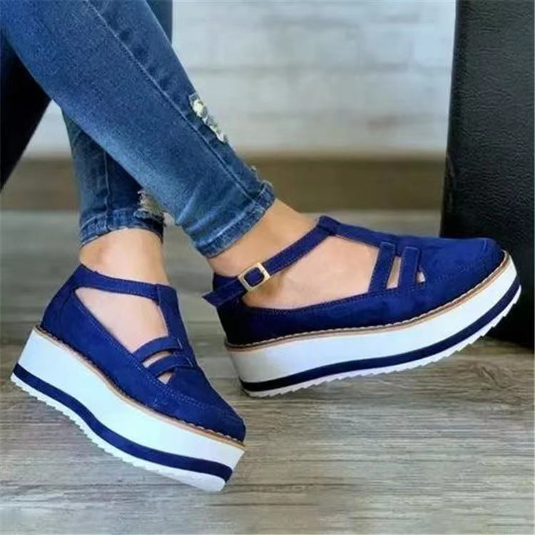 Fly Knit Solid Ankle Strap Leather Platform Sandals