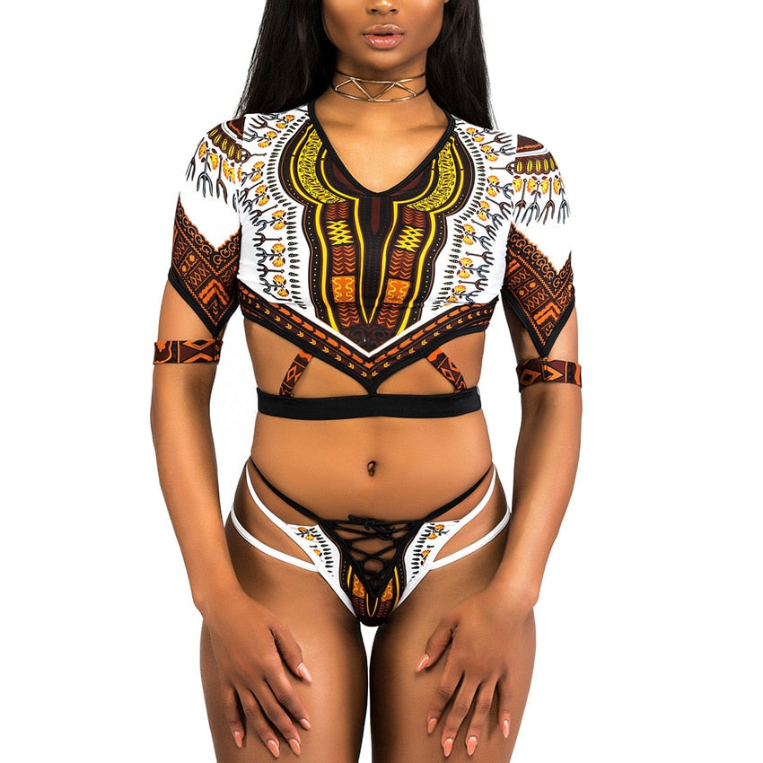 Dashiki Short Sleeve Thong Swimsuit