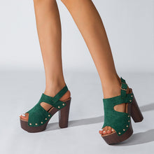 Load image into Gallery viewer, Peep Toe Leather Chunky High Heel Sandals