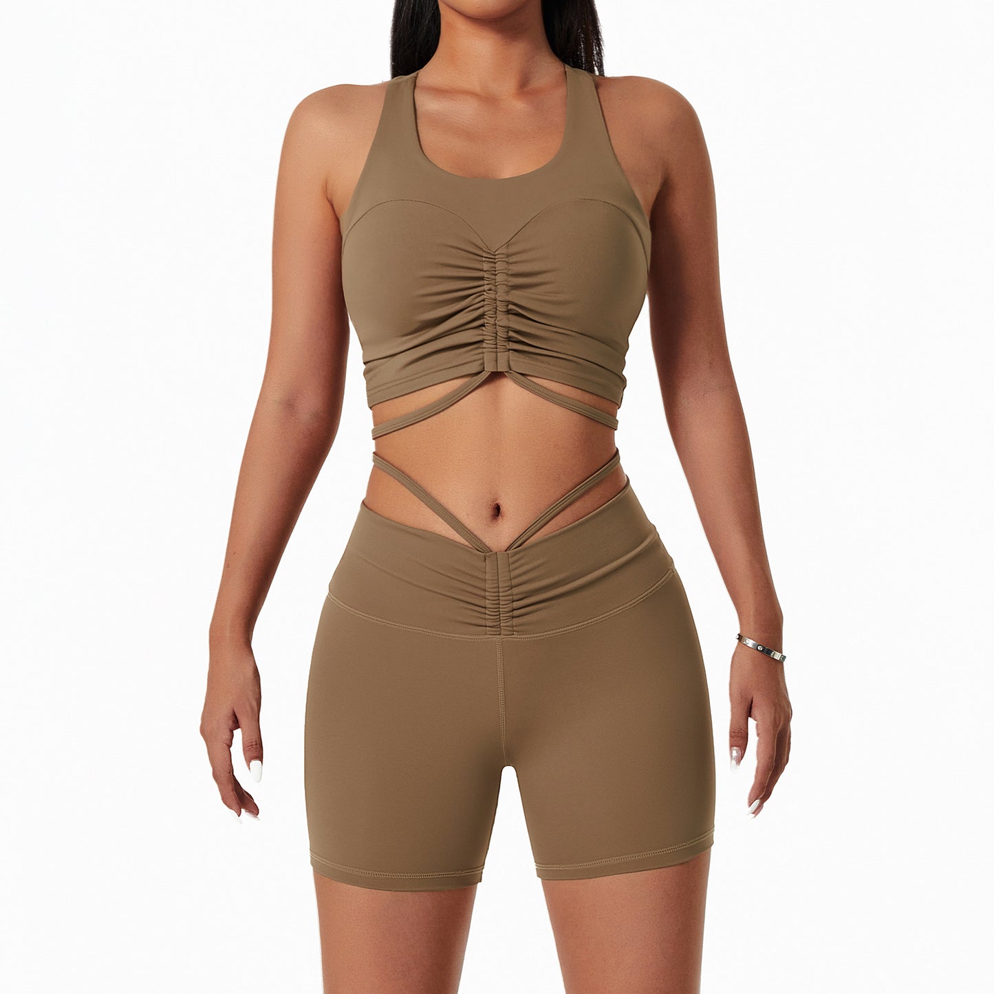 Solid Tank Drawstring Yoga Shorts Suit