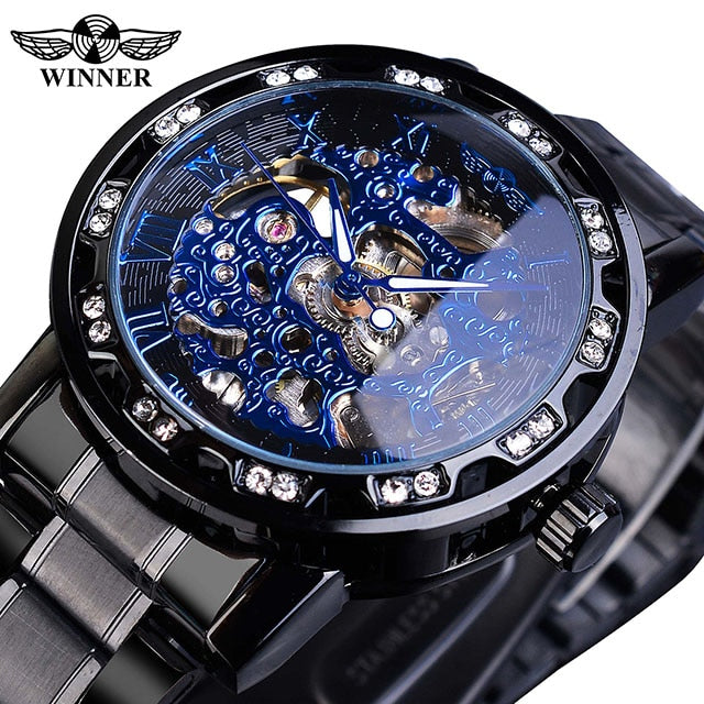 Classic Rhinestone Roman Numeral Analog 40mm Skeleton Mechanical Stainless Steel Luminous Watch for Men (4 colors)