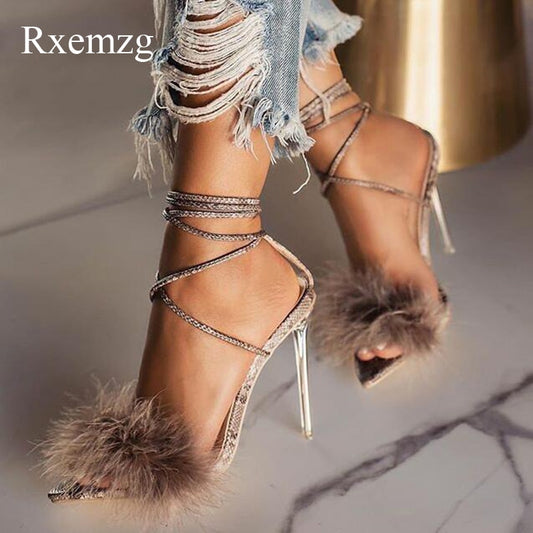 Snake Print Feather Detail Pointed Toe Transparent Strappy High Heel Sandals