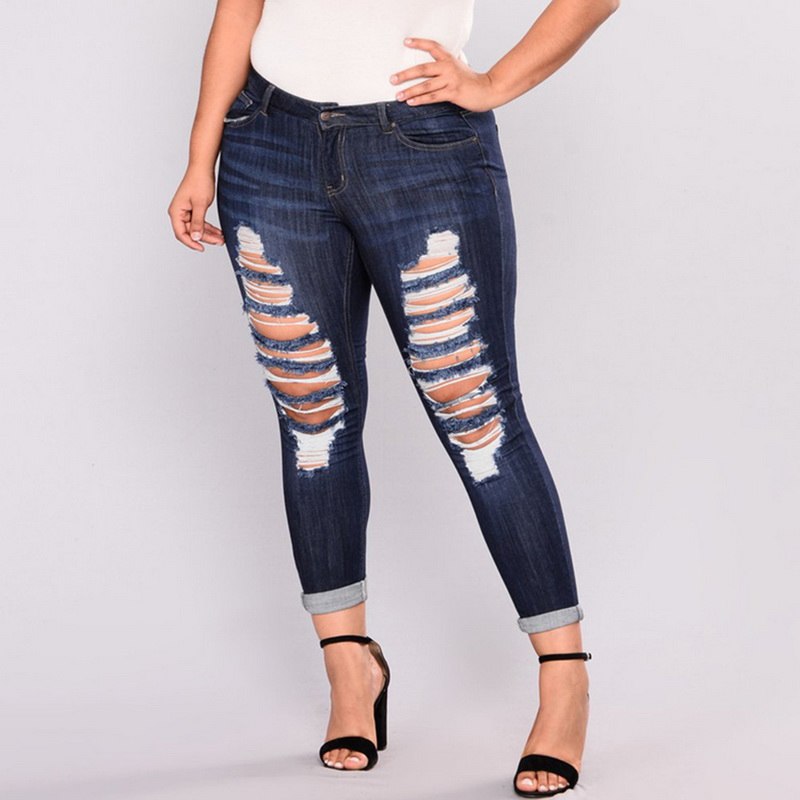 Dark Blue Distressed Denim Mid Rise Plus Size Jeans