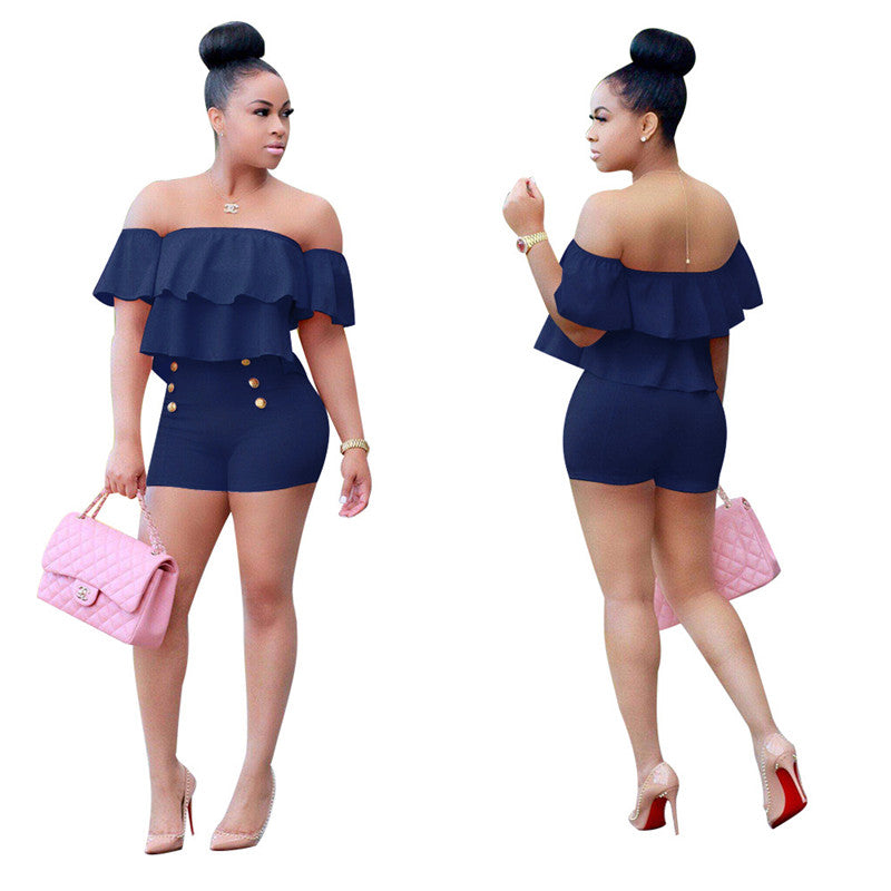 Bodycon Two Piece Off Shoulder Ruffle Crop Top Shorts Set