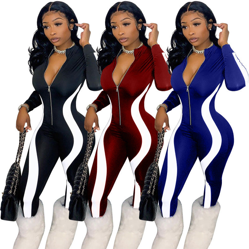 Irregular Striped Bodycon Zip Jumpsuit