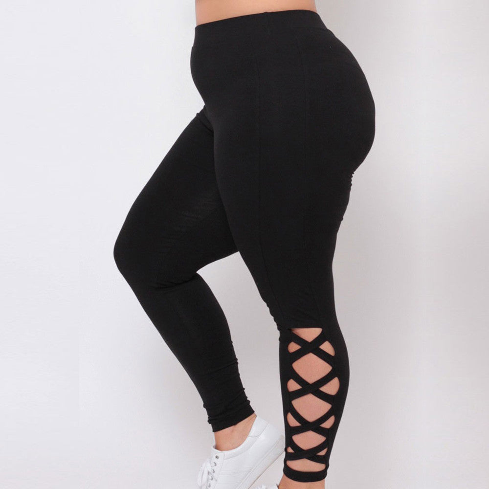 Solid Criss Cross Hollow Out Plus Size Leggings