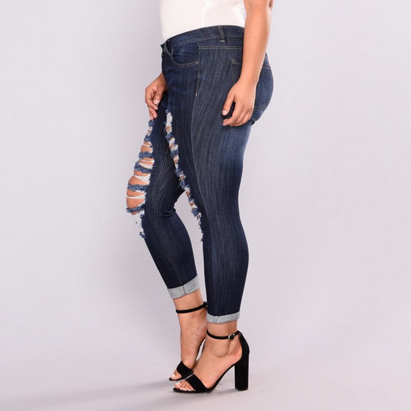 Dark Blue Distressed Denim Mid Rise Plus Size Jeans