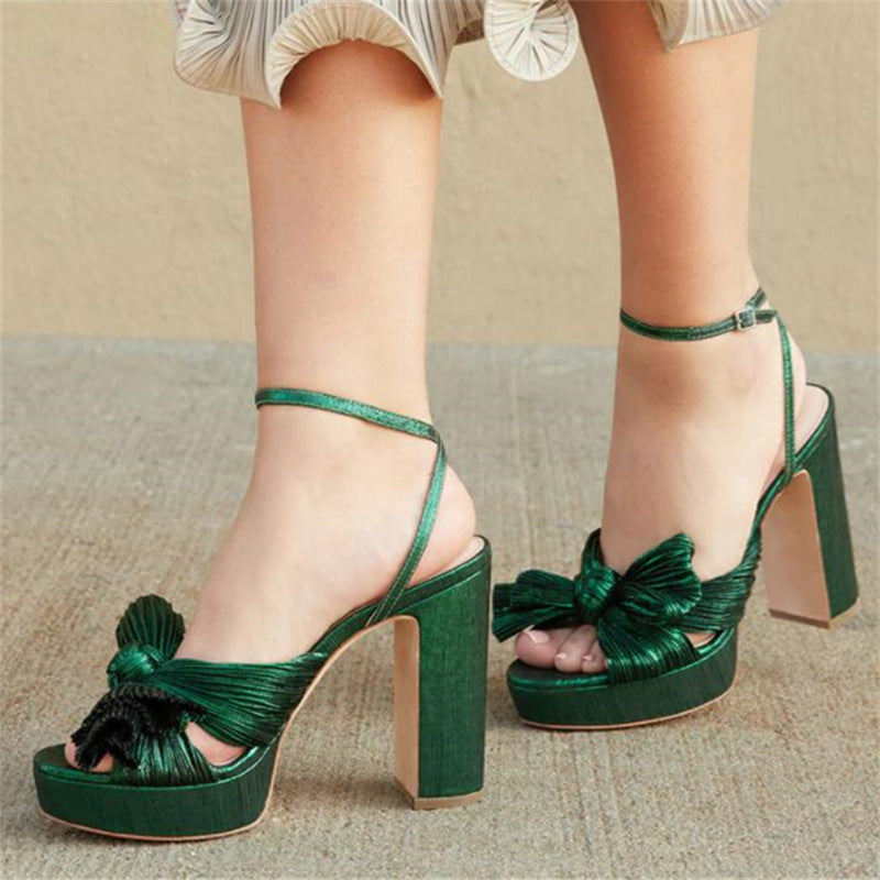 PU Leather Bow Decor Buckle Platform Block High Heel Sandals