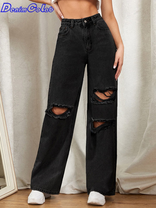 Ripped Hole Washed Wide Leg Lady Jeans (Black/Light Blue)