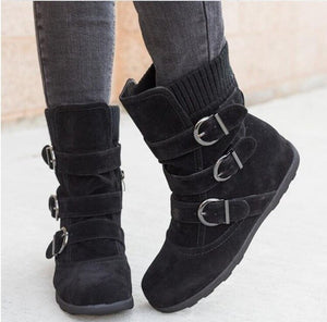 Ladies Flock Narrow Band Buckled Calf Round Toe Zipper Snow Boots