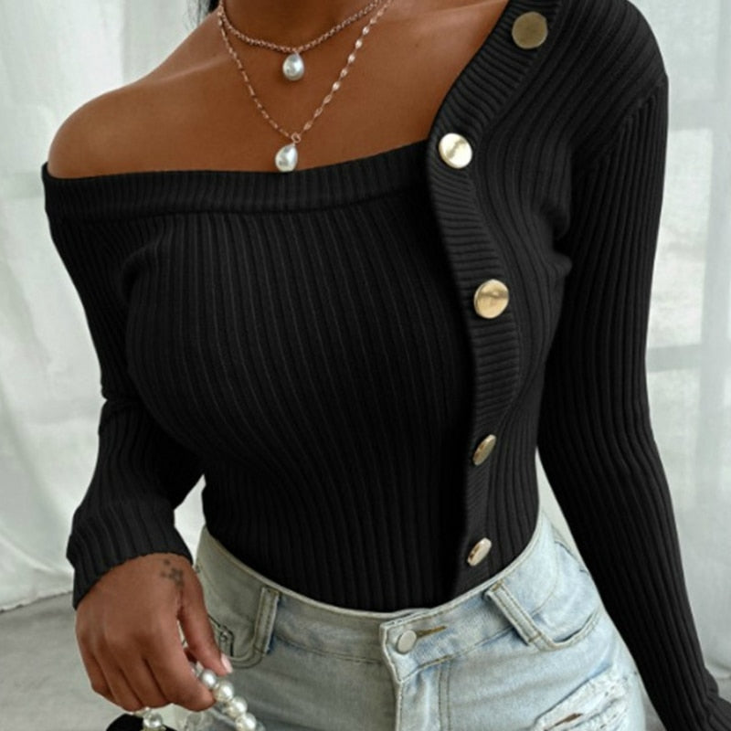 Knitted Off Shoulder Slim Button Up Sweater