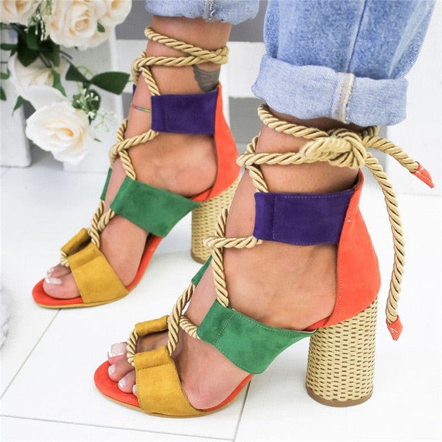 Hemp Lace Up Block Heel Gladiator Sandals