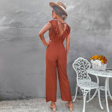 Load image into Gallery viewer, Ruffle V-neck Open Back Slim Waist Straight Leg Jumpsuit