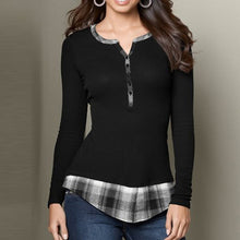 Load image into Gallery viewer, Patchwork Plaid V-neck Long Sleeve T-shirt