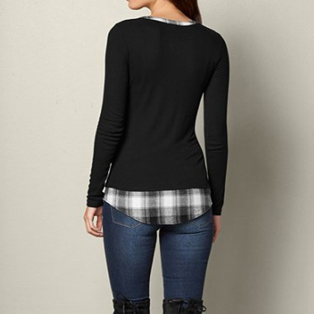 Patchwork Plaid V-neck Long Sleeve T-shirt