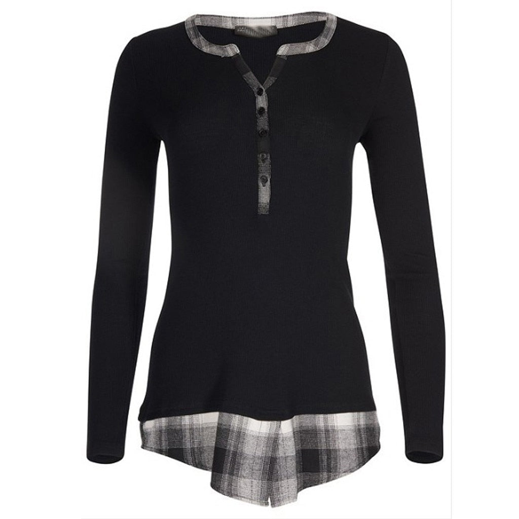 Patchwork Plaid V-neck Long Sleeve T-shirt