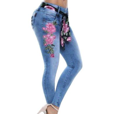 Jeans ajustados elásticos con detalle de bordado y cintura alta (3 colores)