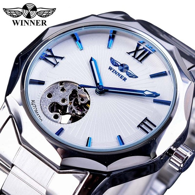 Blue Ocean 42mm Geometric Transparent Skeleton Dial Automatic Mechanical Stainless Steel Men's Watch (White/Black)