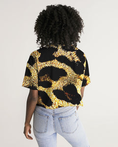 Camiseta lounge corta con hombros caídos y dobladillo sin rematar de diseñador con estampado de leopardo 01 de TRP 