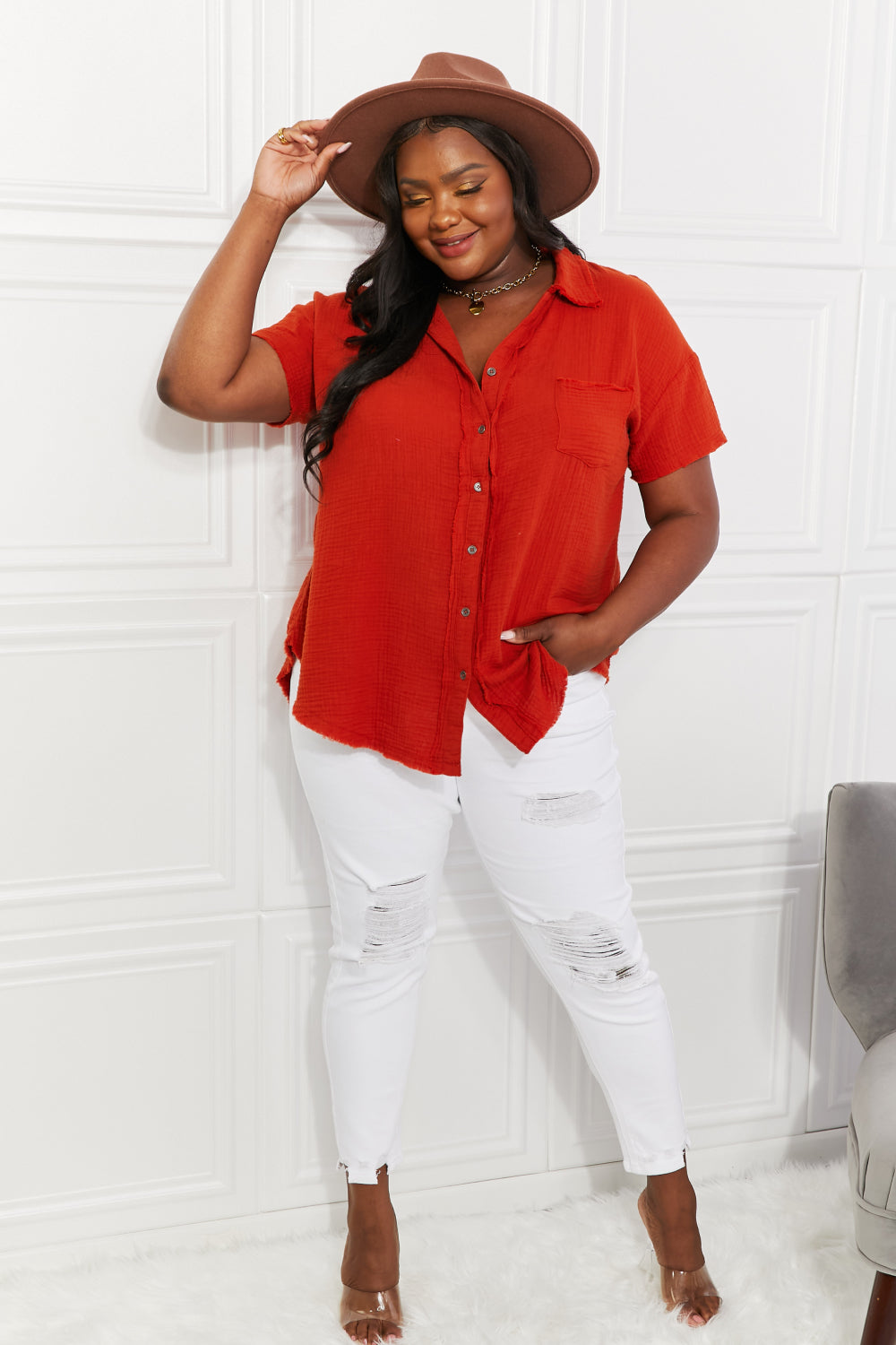 Red Orange Gauze Cotton Short Sleeve Button Up Blouse