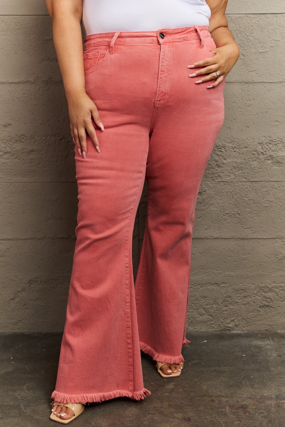 Coral Color High Waist Full Size Side Slit Flare Jeans