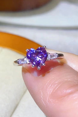 Heart Shaped 1 Carat Moissanite Platinum Plated Ring in Purple