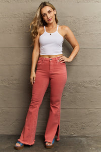 Coral Color High Waist Full Size Side Slit Flare Jeans
