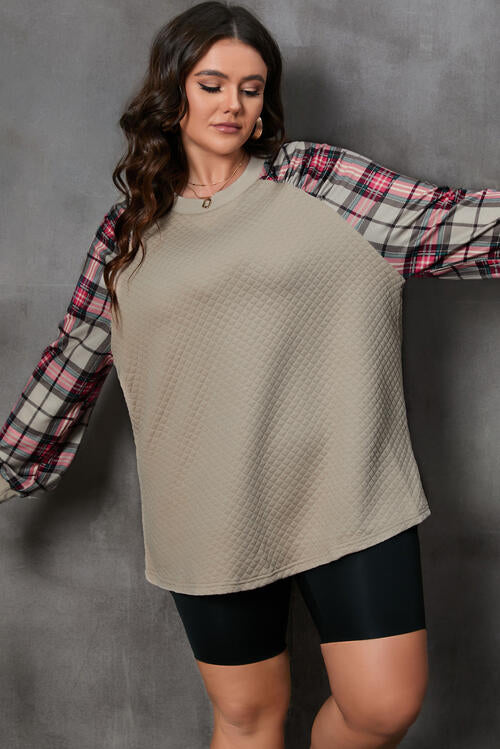 Khaki Color Plaid Round Neck Plus Size Sweatshirt