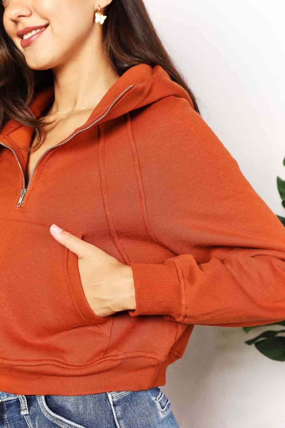 Ochre Color Cropped Long Sleeve Half-Zip Hoodie