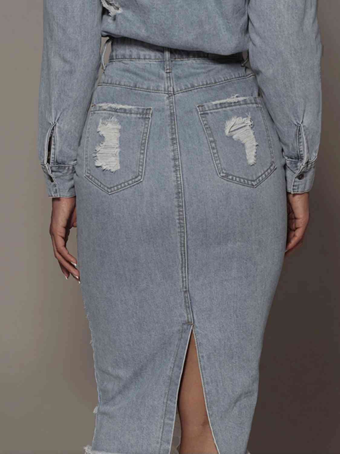 Distressed Slit Denim Midi Skirt