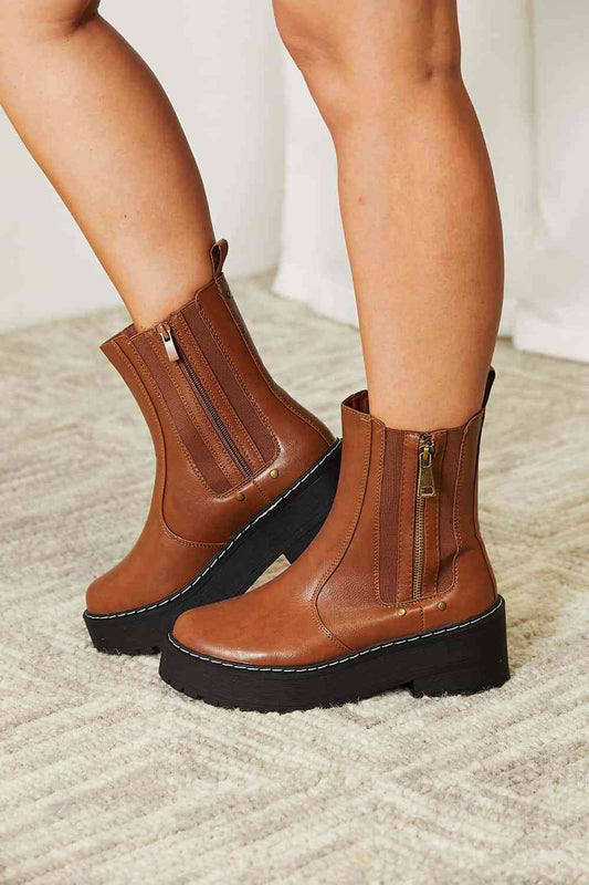 Forever Link Side Zip Platform Boots, Chestnut Color