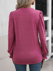 Blusa fruncida con cintura fruncida y mangas abullonadas con cuello de muesca (6 colores)