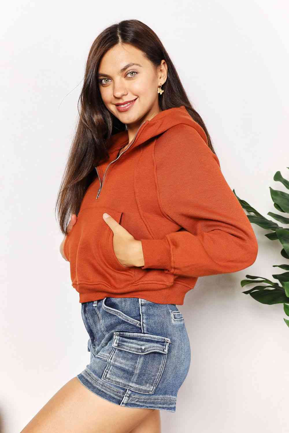 Ochre Color Cropped Long Sleeve Half-Zip Hoodie