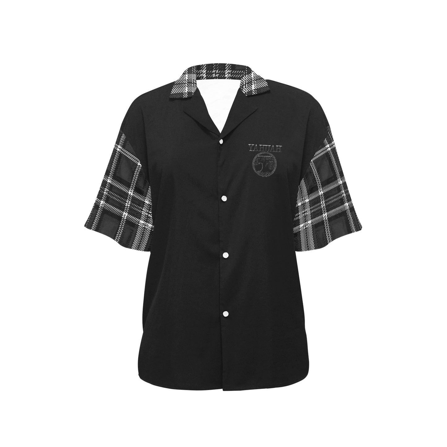 Yahuah-Tree of Life 02-04 + Digital Plaid 01-06A Ladies Designer Short Sleeve Button Up Blouse with Side Slits