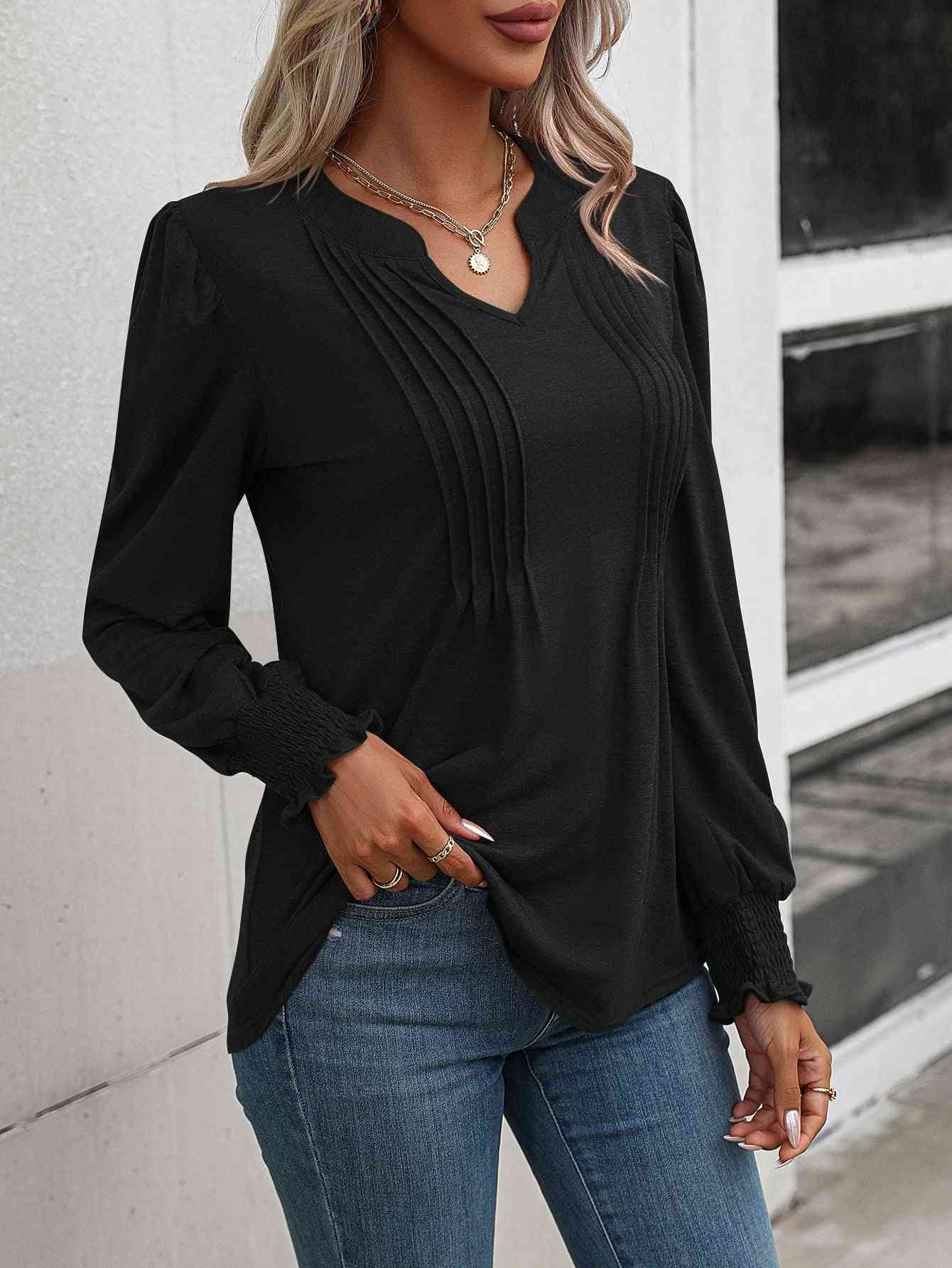 Ruched Notch Neck Puff Sleeve Smocked Blouse (6 colors)