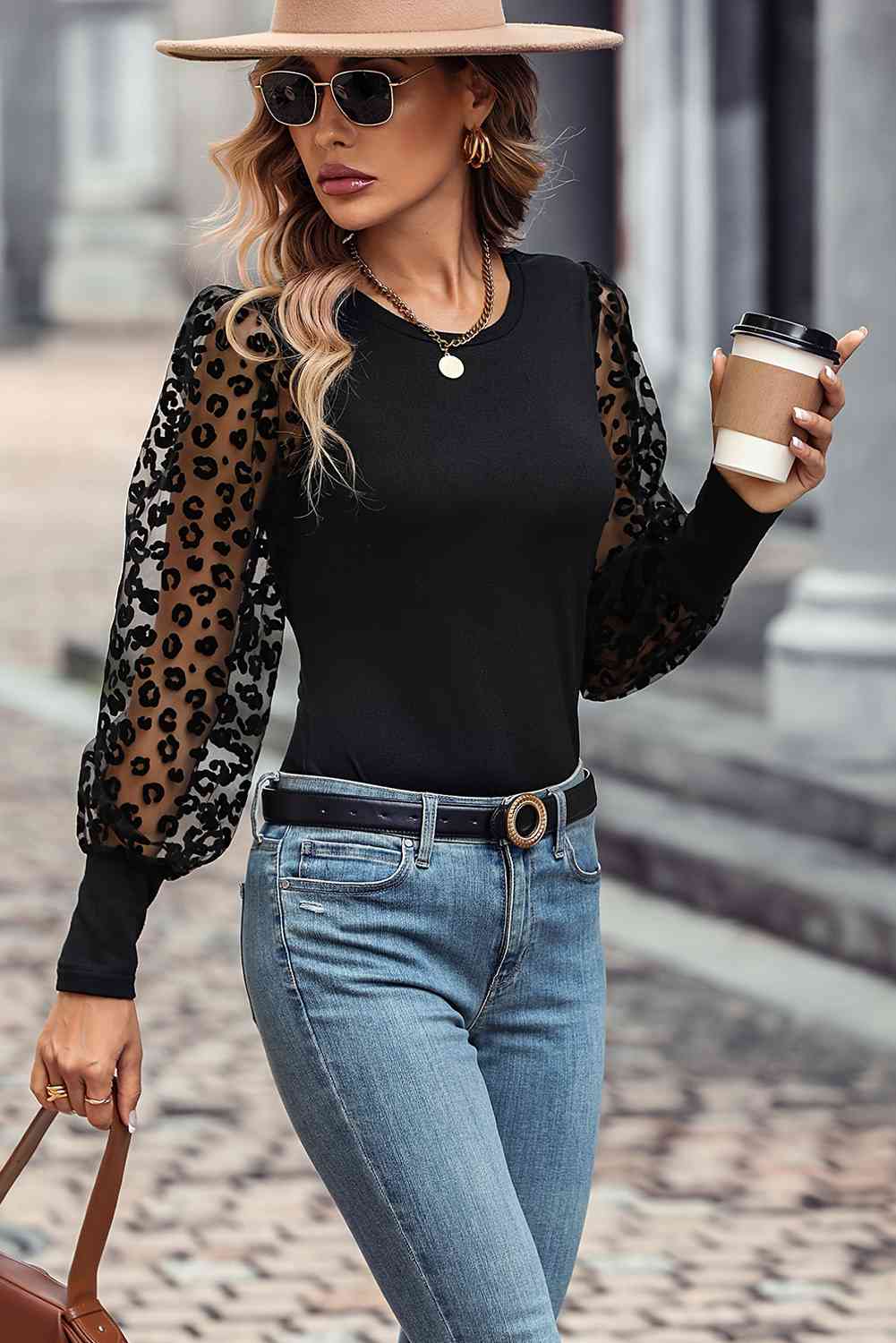 Round Neck Lantern Sleeve Blouse (Black/Deep Red)