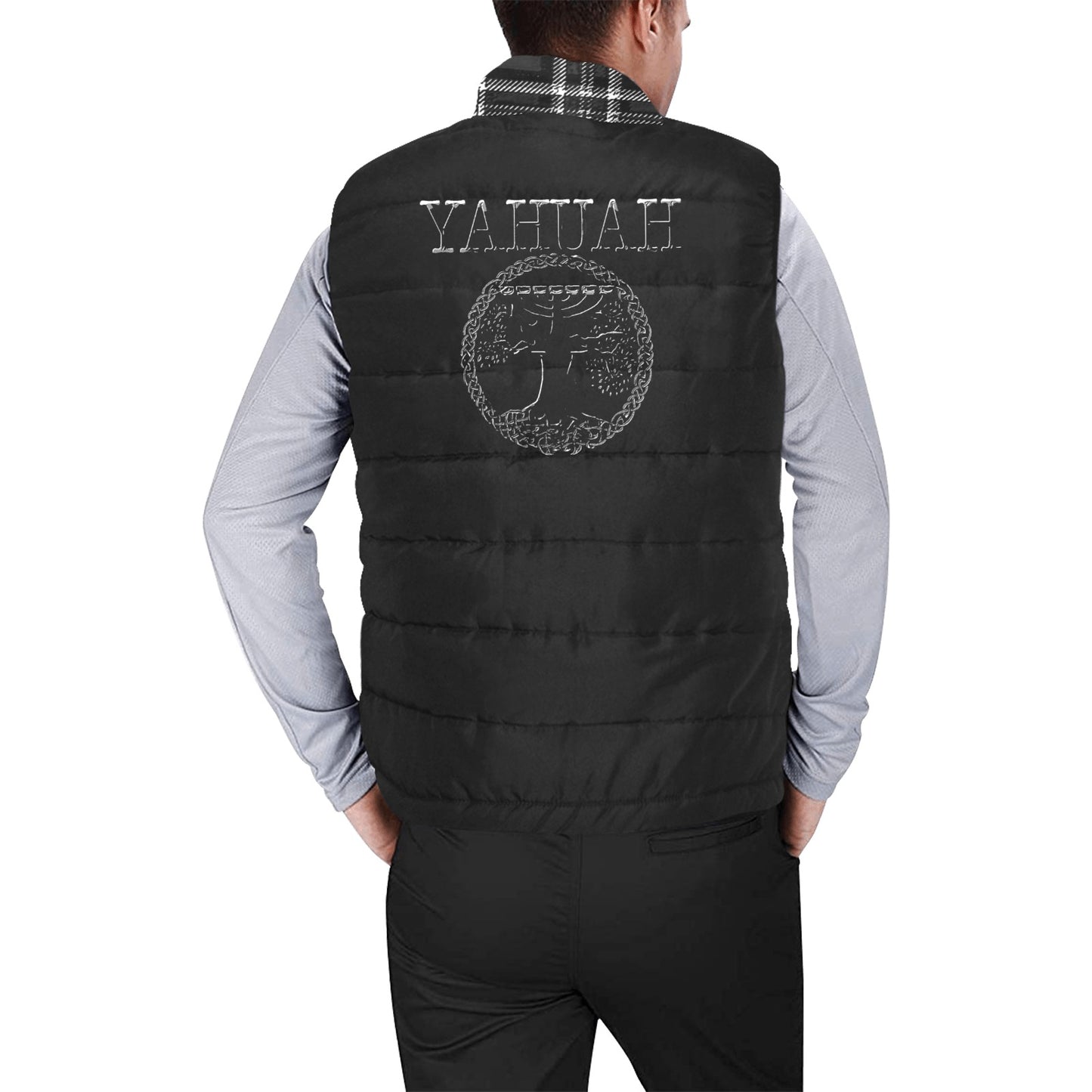 Yahuah-Tree of Life 02-04 + Digital Plaid 01-06A Men's Designer Puffer Vest